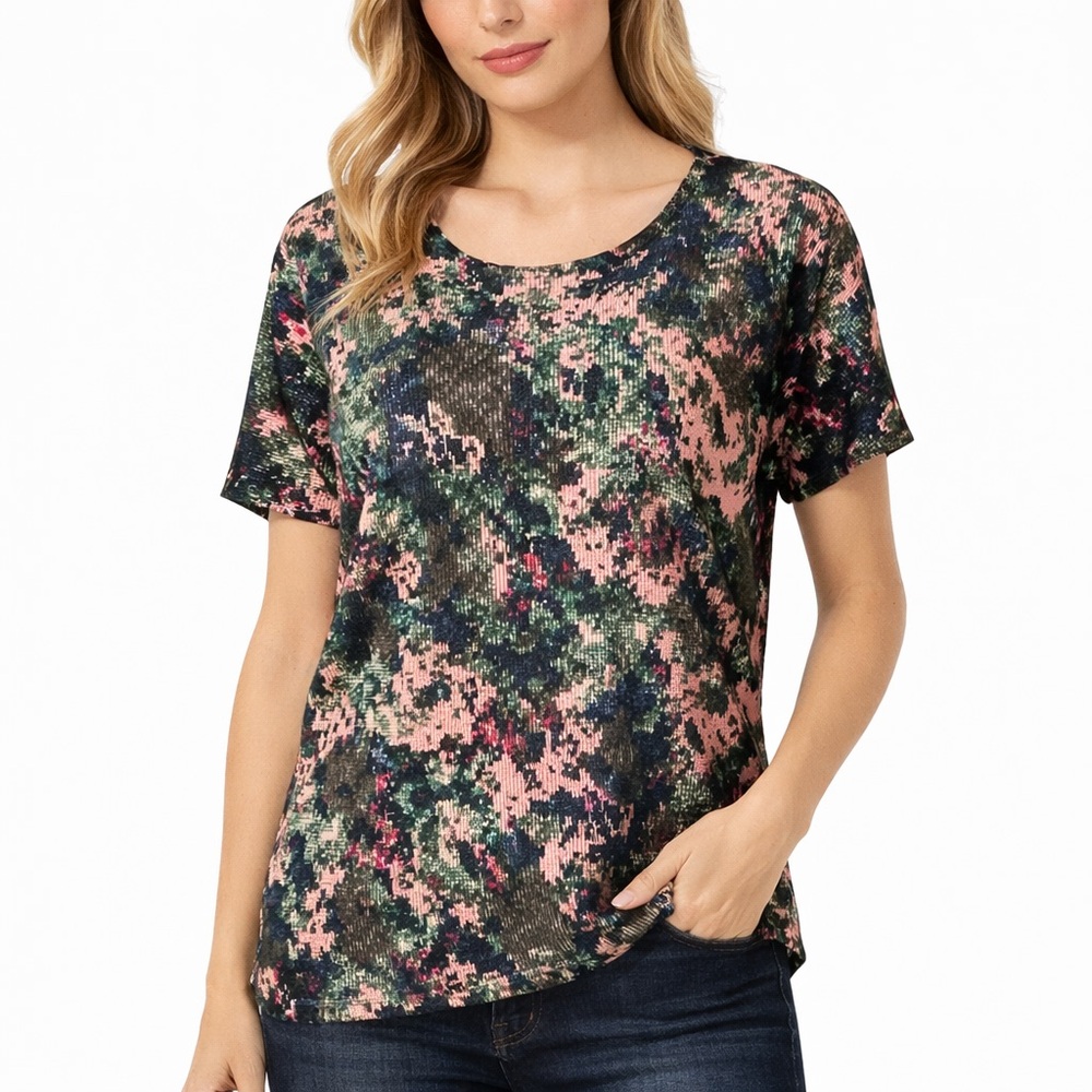 CRISTINA Knit Top L|XL Abstract Floral Wool Cashmere Blend| Short Sleeve|NWT‎